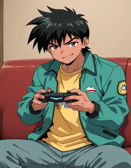 <lora:ghost-stories-v2-illustrious-000008:0.9>  1boy, solo, hajime, brown eyes, green jacket, yellow shirt, couch, smirk, playing games, playstation controller, masterpiece, best quality