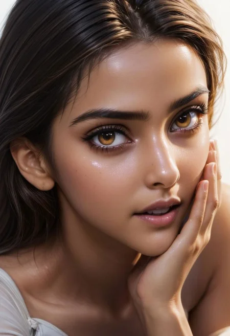 (Wide angle, Long shot:1.9), Kodak Motion Picture Film Style, long shot, Ultra realistic, (deepika:1.3),  pleased, delighted, lustful, action scene, professional picture, intense gaze, sensuality, cute tamil girl , eyes closed, covering her entire mouth with her hand, hand over mouth, stifling a lustful whispering with her hand, hand stiffling expression of happy surprised, (the palm of the hand stifling a cry with his hand covering her mouth:1.3), hand flat over the mouth, detailed skin, sweaty, Indian , (stunningly cute Belle, having intense surprise, futuristic powered cowgirl outfits, slender body, skinny, 21 years old:1.3) , OverallDetail