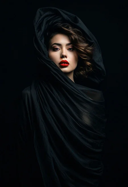 .In this masterpiece of photography, captured by a Fujifilm camera, a minimalist black background serves as the canvas for an exquisite portrait. The woman's face emerges, partially obscured by flowing fabric, creating an enigmatic and mysterious atmosphere. Sharp red lipstick accentuates her lips, adding a striking contrast against the dark tones of the composition. With ultra-realistic precision, every detail is rendered in insanely high resolution, making the image come alive in 8K HDR. The subtle gradient backdrop enhances the tranquil yet evocative aura, while the conceptual portraiture delves into the depths of perception. This stunning portrayal, enriched with a play on perception and visual metaphor, transports the viewer into a realm of surreal calm, where the beauty of minimalist abstraction meets the complexity of the human psyche.