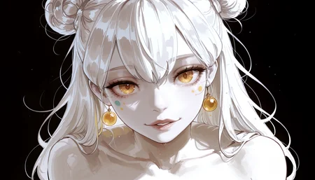 sharp anime lineart, (monochrome style with a single color accent, black background, high contrast lighting), pale white skin, bare shoulders, exposed collarbone, messy hair in twin buns with loose strands, golden eyes, playful expression, (minimalistic composition, glossy highlights on skin and hair, soft shading, ethereal atmosphere, close-up portrait), asymmetrical pose, head tilt, looking directly at viewer
BREAK
masterpiece, best quality, ultra-detailed, absurdres, newest, volumetric lighting, available light,