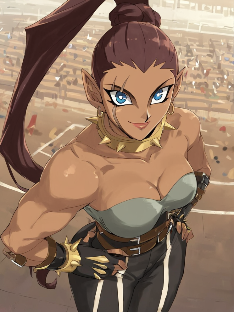 <lora:TaniaPony1.0:0.8> taniayugi, scar, 1girl, corset, solo, high ponytail, hoop earrings, long hair, spikes, spiked collar, blue eyes, earrings, brown hair, breasts, gloves,looking at viewer,  cleavage, bare shoulders, fingerless gloves, smile, spiked bracelet,hand on own hip, score_9, score_8_up, score_7_up, score_6_up,colosseum, looking up, from above,