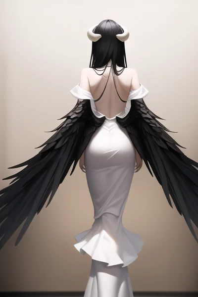 full body, woman, view from back side, white horns, white dress, black wings, black hair, (masterpiece:1.2), best quality, absurdres, extremely detailed wallpaper, perfect lighting, <lora:Albedo_Overlord_v1-1:0.7>