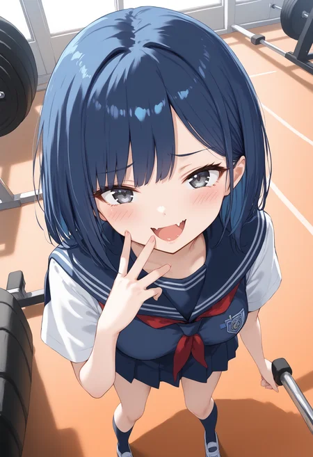 1girl, medium breasts, school uniform,
mesugaki, smile, looking at viewer, blush, hand up, skin fang, <lora:mesugaki_Pony_v1:0.9>
from above, fisheye lens, looking ahead, blue hair, silver eyes,disdain, gym, open mouth, side hair,,