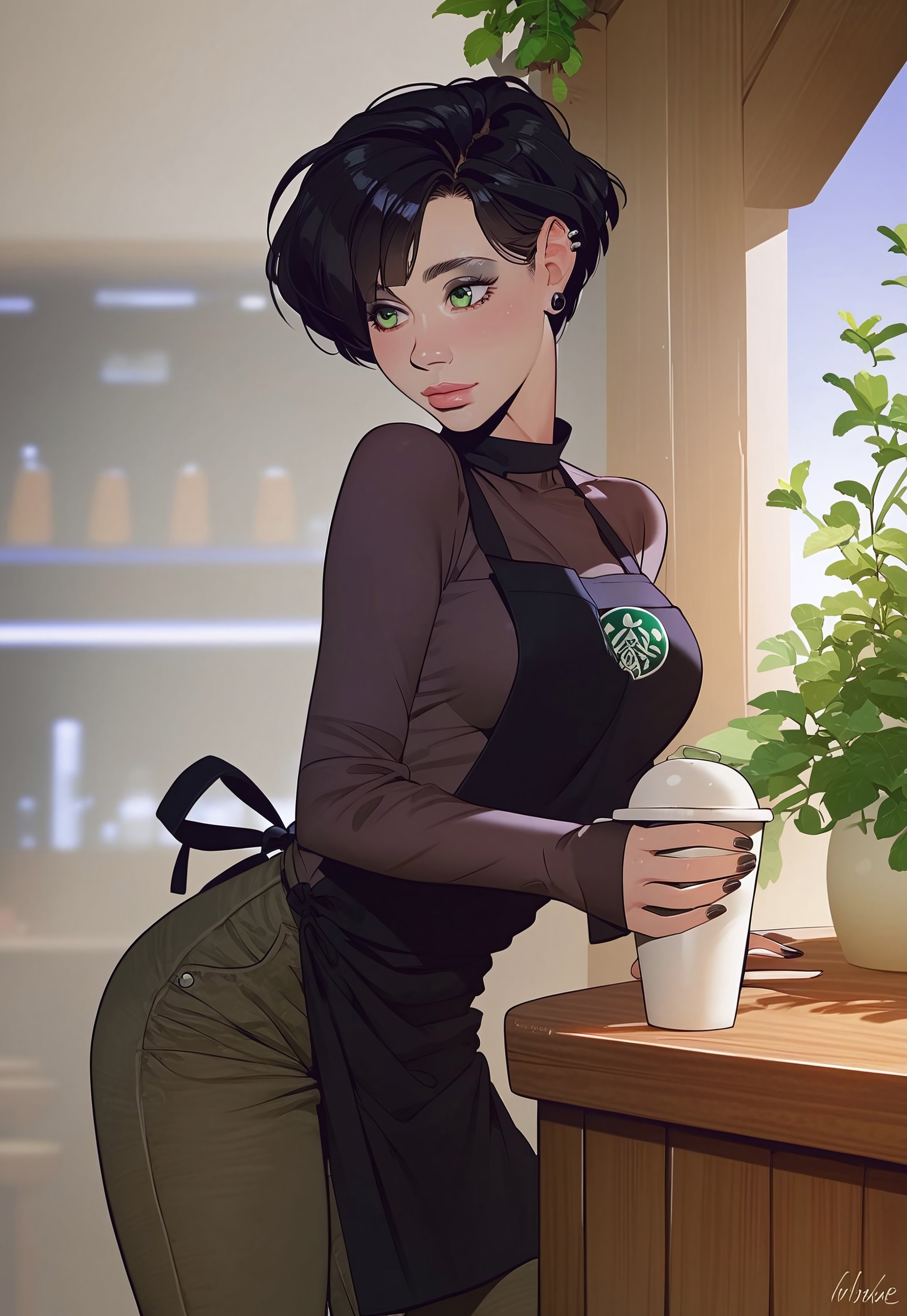 safe_pos, safe_pos, Masterpiece, score_9, score_8_up, score_7_up, score_6_up, Expressiveh, coffee shop, dark wood bar, 1girl, (21 years old, cute barista, big green eyes, short black hair, green eyes, goth girl, purple tshirt, medium breasts, black apron, black cargo pants:1.2) leaning forward,  holding out coffee,  scenery