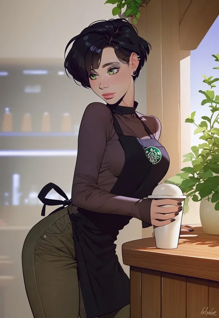 safe_pos, safe_pos, Masterpiece, score_9, score_8_up, score_7_up, score_6_up, Expressiveh, coffee shop, dark wood bar, 1girl, (21 years old, cute barista, big green eyes, short black hair, green eyes, goth girl, purple tshirt, medium breasts, black apron, black cargo pants:1.2) leaning forward, holding out coffee, scenery