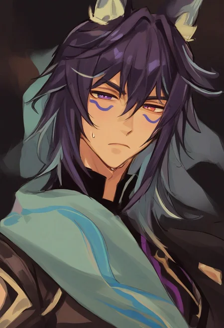 1boy, solo, male focus, animal ears, animal ear fluff, fox ears, ororon_(genshin_impact), black hair, spiky hair, messy hair, purple tint hair, green highlight, multicolored hair, wolf cut hair, hair between eyes, bangs, tan skin, Heterochromia, one green eye, one purple eye, facial marks, facial tattoo, fox boy, slim face, detailed eyes, satisfaction, satisfied, neutral, detailed face, slim face,
dark theme, intense shadow, intimidating, chest close to viewer, dark light, no light, dark out, shadow,
casual clothes, sweaty hair, long sleeves, looking at viewer, from side view,
sweating, sweat, steaming, heavy breathing, front view, seductive, romantic, in a sofa, towel on shoulder, (lounging:1.1), relax
rating PG, score_9,score_8_up,score_7_up, source_anime, male focus, manly, tall, detailed eyebrow, sharp eyebrows, focus on thigh, thigh focus, random view