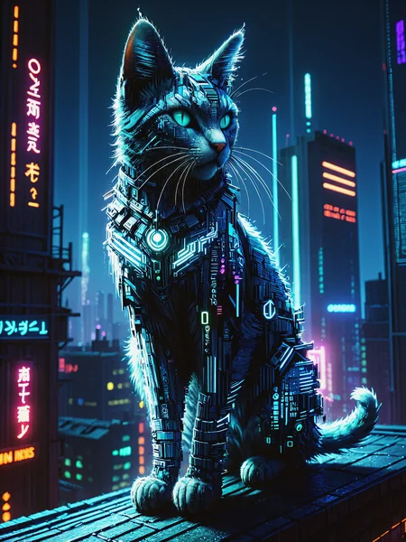 mad-dtstrm cat sitting on roof, night, cyberpunk, neon lights, dynamic pose, <lora:Neon_Cyberpunk_Datastream_SDXL:1>, (masterpiece:1.2), best quality