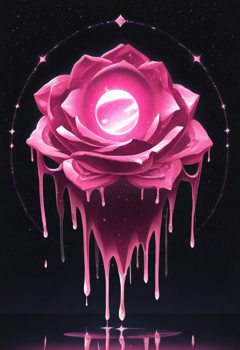 (masterpiece), best quality, Anime, Illustration, (Floating Sphere, Crystal, Magic, Reflection, Melting, Dripping, Pink Rose), Black Background, No Humans, Starry Theme, (Light Refraction), White and Pink Theme, Natural Lighting, symphtia-style