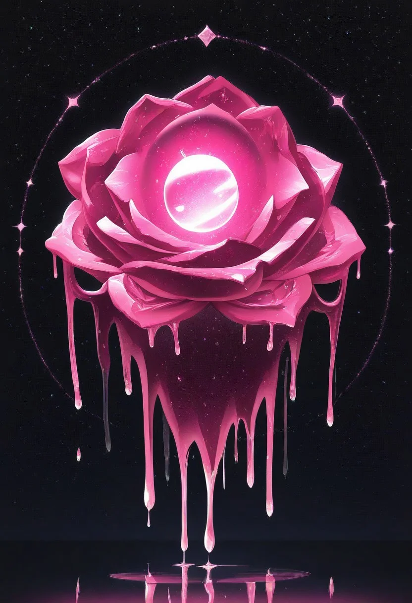 (masterpiece), best quality, Anime, Illustration, (Floating Sphere, Crystal, Magic, Reflection, Melting, Dripping, Pink Rose), Black Background, No Humans, Starry Theme, (Light Refraction), White and Pink Theme, Natural Lighting, symphtia-style