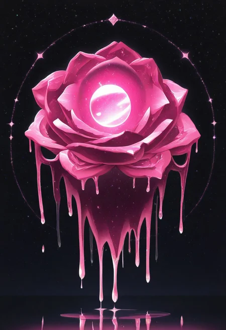 (masterpiece), best quality, Anime, Illustration, (Floating Sphere, Crystal, Magic, Reflection, Melting, Dripping, Pink Rose), Black Background, No Humans, Starry Theme, (Light Refraction), White and Pink Theme, Natural Lighting, symphtia-style