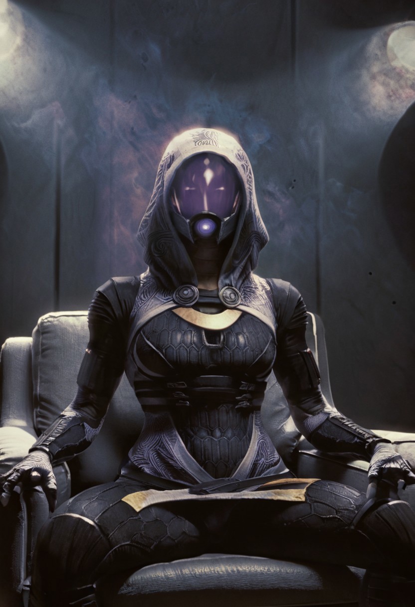 ethereal zavy-tali mask-on novuschroma85 style <lora:novuschroma85 style:.6> Basic Instinct Pose, B4sic1nstinctP0se, basic_instinct_(movie), looking at viewer, facing viewer,sitting, crossed_legs, on_chair, three fingers