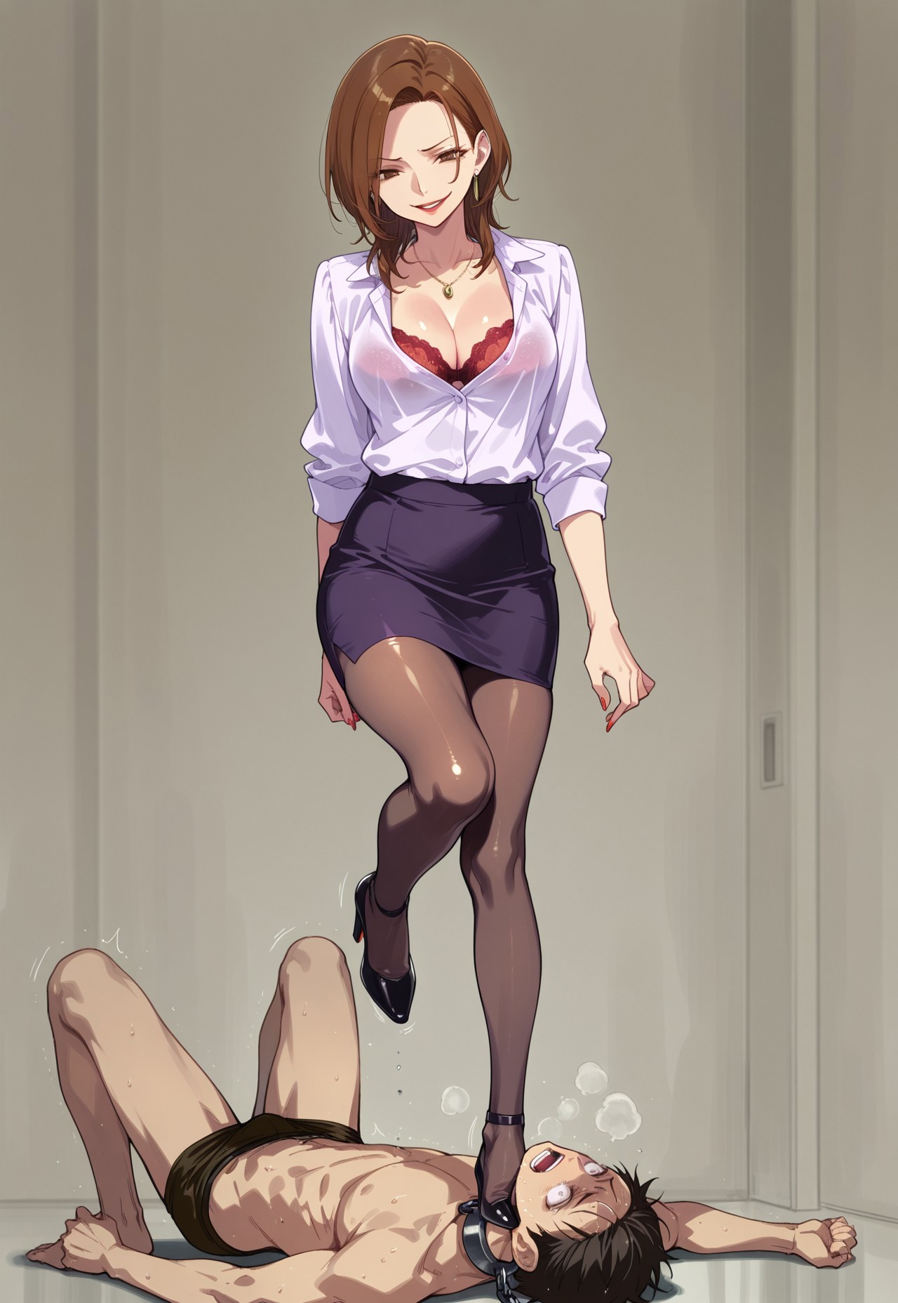safe_pos, absurdres, masterpiece, best quality, very aesthetic, HDR, 8K, ultra-detailed, anime, 748cmstyle, ThTrFe, femdom, tramples throat, standing on throat, forced, full body, stomping neck, stomping throat, plain background, standing on throat, front view, high heel pressed into throat,

1girl (p4kashiwagi, brown hair, brown eyes, lipstick, red lips, p4kashiwagi-teach, red nails, necklace, cleavage, blouse, visible bra, red lace bra, skirt, pencil skirt, pantyhose, high heels, skindentation, shiny skin, dominant female, ((skinny)), evil smile, standing on one leg, balancing), 

1boy (slave boy, boy writhing in pain, boy screams in pain,)