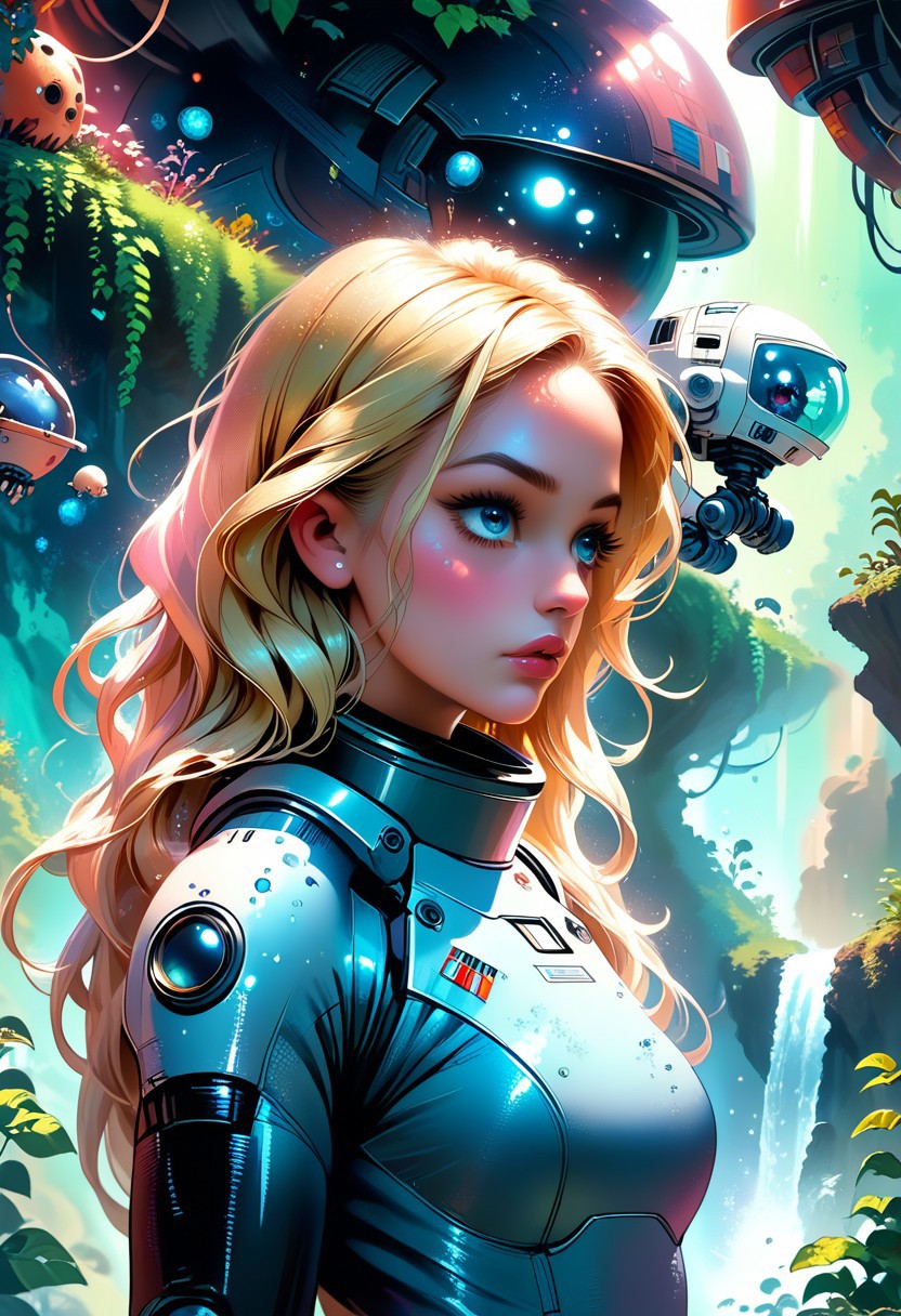score_9, score_8_up, score_7_up, source_realistic, rating_safe, hyperrealistic and hyperdetailed,mythp0rt,art by mooncryptowow, artstyle by Jed-cmc,
1girl, blonde hair, long hair, blue yes, black lips, glossy makeup, space_space cybernetic space suit, futuristic space suit, on an exotic planet surrounded by lush vegetation, twin suns, waterfall in distance, lens flare, dutch angle, cowboy shot
