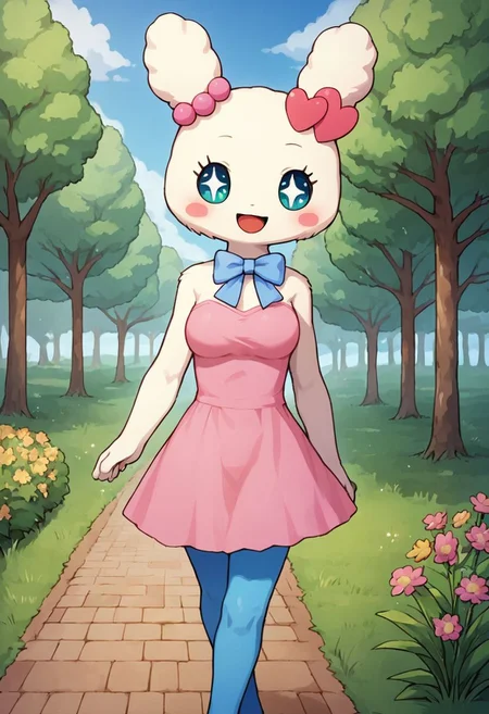 score_9, score_8, score_7_up, score_6_up, source_furry, source_anime, Tamagotchi, Lovelitchi, ear beads, solo, white fur, pink dress, blue bow, anthro, breasts, blue pantyhose, walking in the park, nature, grass, walking, blush, sparkling eyes, no nose, solo, thighs, detailed, tree, blue sky, park, flowers, cowboy shot, happy, masterpiece, angled
