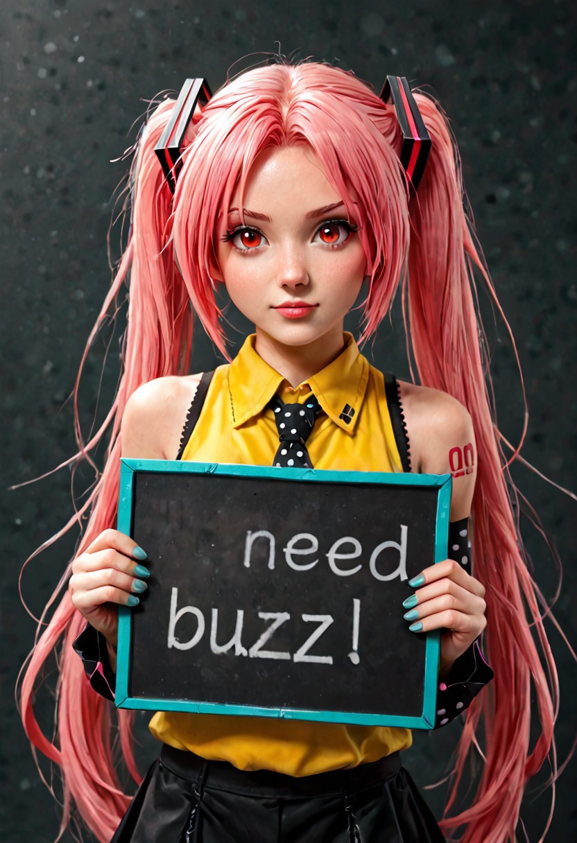 need_buzz, need_buzz, holding black sign, hatsune miku, absurdly long braided hair,pink hair,twintails,hair ornament,sidelocks,hair between eyes,parted bangs,bright red eyes, sleeveless vest on bright yellow shirt,collared shirt,bare shoulders,sleeveless shirt,polka dot necktie,detached sleeves,shoulder dragon tattoo,fringe,black thighhighs,miniskirt,micro mini skirt,zettai ryouiki,loud pink thigh boots