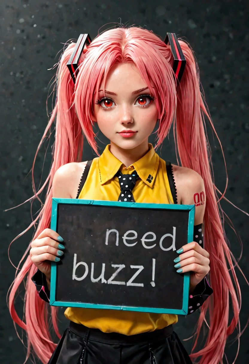 need_buzz, need_buzz, holding black sign, hatsune miku, absurdly long braided hair,pink hair,twintails,hair ornament,sidelocks,hair between eyes,parted bangs,bright red eyes, sleeveless vest on bright yellow shirt,collared shirt,bare shoulders,sleeveless shirt,polka dot necktie,detached sleeves,shoulder dragon tattoo,fringe,black thighhighs,miniskirt,micro mini skirt,zettai ryouiki,loud pink thigh boots