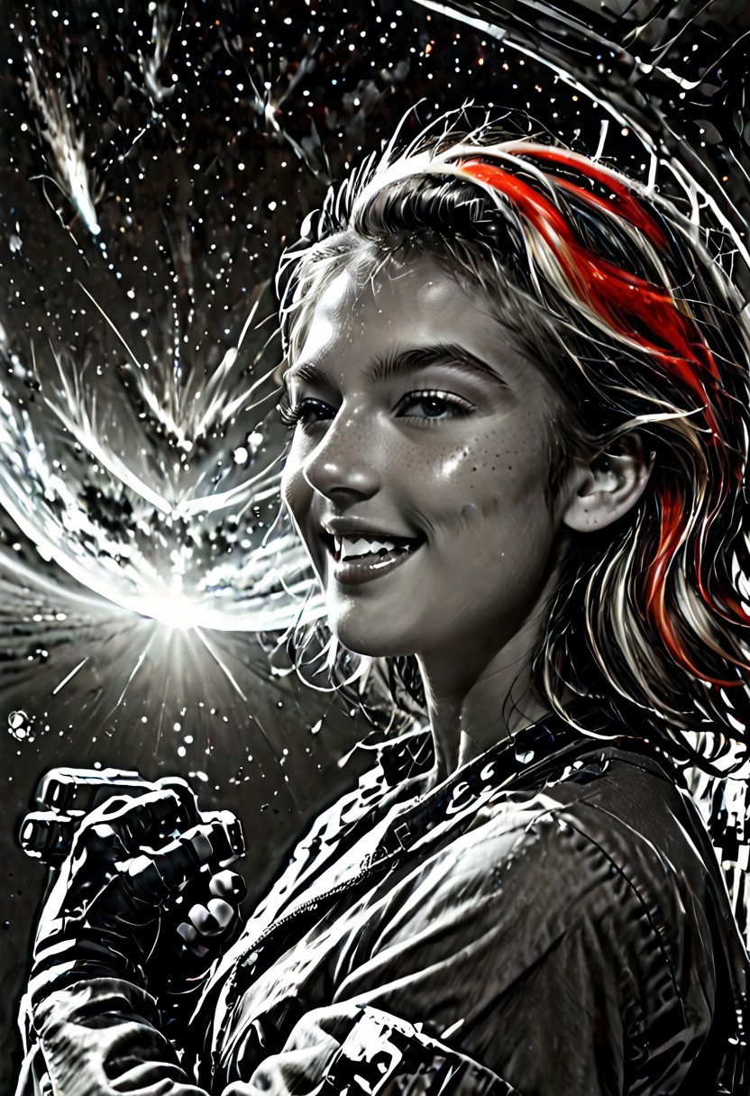Score_9, score_8_up, Score_7_up, Realistic, cinematic shot, selective color, monochrome background, 4k, Gadget,(fighting aliens, non-humanoid aliens, aggressive alien lifeforms, alien planet), blonde, grayscale with red highlights, full body shot, t-shirt, cargo pants, working boots, partial nudity, 18yo, running, shooting a blaster, explosions, Gadget, smile, perfect face, stunning, breathtaking face, detailed face, perfect teeth, expressive eyes, eyes focus, extremely cute, medium boobs, easynegative, ALRGFC, alluring face, sexy, hetero, Stable_Yogis_PDXL_Positives, CyberRealisticPony_POSV1