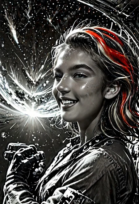 Score_9, score_8_up, Score_7_up, Realistic, cinematic shot, selective color, monochrome background, 4k, Gadget,(fighting aliens, non-humanoid aliens, aggressive alien lifeforms, alien planet), blonde, grayscale with red highlights, full body shot, t-shirt, cargo pants, working boots, partial nudity, 18yo, running, shooting a blaster, explosions, Gadget, smile, perfect face, stunning, breathtaking face, detailed face, perfect teeth, expressive eyes, eyes focus, extremely cute, medium boobs, easynegative, ALRGFC, alluring face, sexy, hetero, Stable_Yogis_PDXL_Positives, CyberRealisticPony_POSV1
