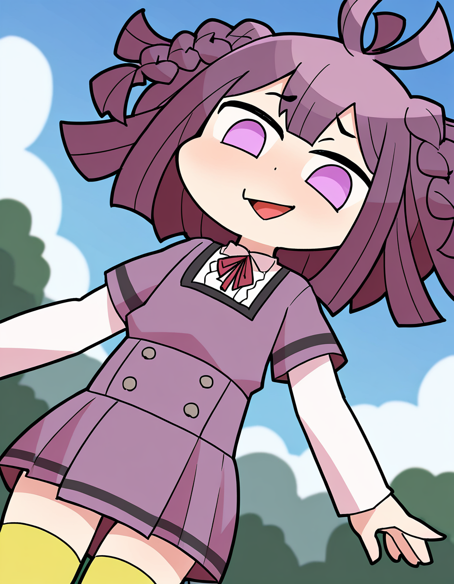 masterpiece, best quality, newest, absurdres, highres, safe, 1girl, sarasa hanna \(school uniform\), magia record: mahou shoujo madoka magica gaiden, white sleeves, yellow thighhighs, papa \(shimeguru\), solo, outdoors, dutch angle, <lora:sarasa_hanna_noobaiXLNAIXL_vPred10Version:0.7>