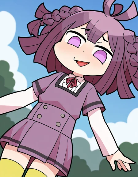masterpiece, best quality, newest, absurdres, highres, safe, 1girl, sarasa hanna \(school uniform\), magia record: mahou shoujo madoka magica gaiden, white sleeves, yellow thighhighs, papa \(shimeguru\), solo, outdoors, dutch angle, <lora:sarasa_hanna_noobaiXLNAIXL_vPred10Version:0.7>