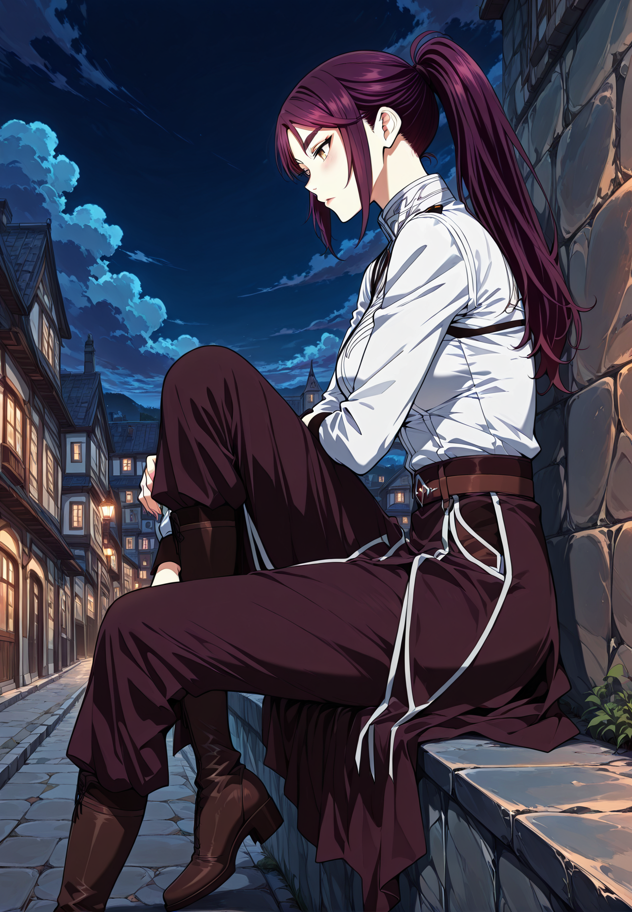 <lora:Vanesy_Glory__The_Beginning_After_the_End__Illustrious:1>
1 girl, solo, brown eyes, purple hair, long hair, ponytail, sidelocks, thick eyebrows, 
uniform, white shirt, long sleeves, belt, boots, <lora:iLLMythG0thicL1nes:1>
score_9, score_8_up, score_7_up, score_6_up, source_anime, masterpiece, best quality, absurdres, highres, newest, anime coloring <break>  1girl, solo, sitting, on wall, from side, town, night sky, cloud,