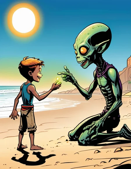 breathtaking graphic novel illustration On a sunlit beach, a young boy befriends a playful alien with a glowing finger, embarking on a heartwarming adventure that challenges societal norms and the meaning of friendship. <lora:Graphic_Novel_Illustration-000007:1>