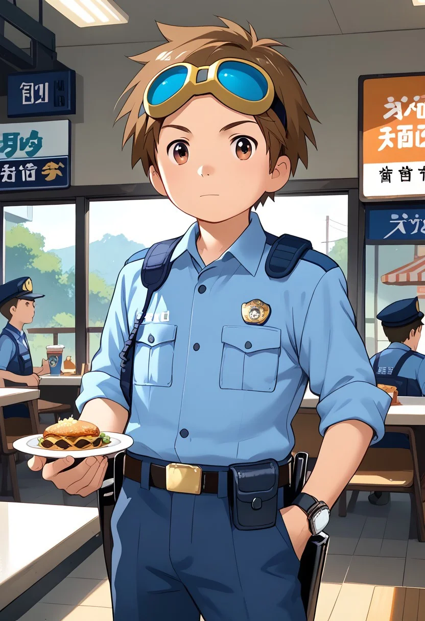 score_9, score_8_up, score_7_up, zPDXL2,
,
1boy, solo, goggles on head, brown hair, male Japanese Summer Police Uniform,light-blue collared shirt, rank slides,hip holster,sleeves rolled up,Walkie-Talkie,Japanese police emblem
Fast Food Restaurant