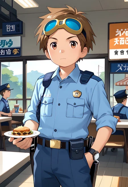 score_9, score_8_up, score_7_up, zPDXL2,
,
1boy, solo, goggles on head, brown hair, male Japanese Summer Police Uniform,light-blue collared shirt, rank slides,hip holster,sleeves rolled up,Walkie-Talkie,Japanese police emblem
Fast Food Restaurant