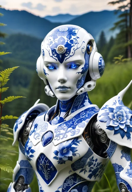 porcelain cyborg mecha in Bluepatternporcelain, detailed calligraphy ornament,
mountain forest meadow background,