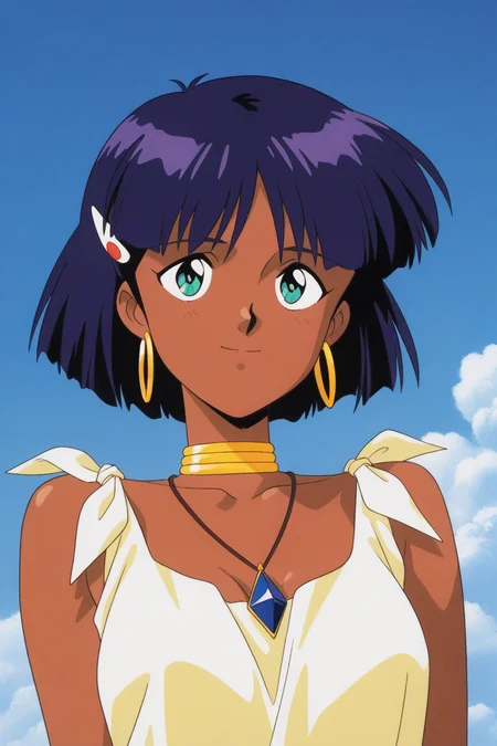 masterpiece, best quality, source_anime,official art,perfect_anatomy,1990s_\(style\),retro_artstyle,1girl,Nadia_La_Arwall,short hair,bob cut,dark skin,dark-skinned female,hair_ornament,jewelry,earrings,neck ring,necklace,dress,breasts,bare shoulders,(beautiful detailed face,looking_at_viewer,smile),upper body,day,outdoors,blue_sky,cloud