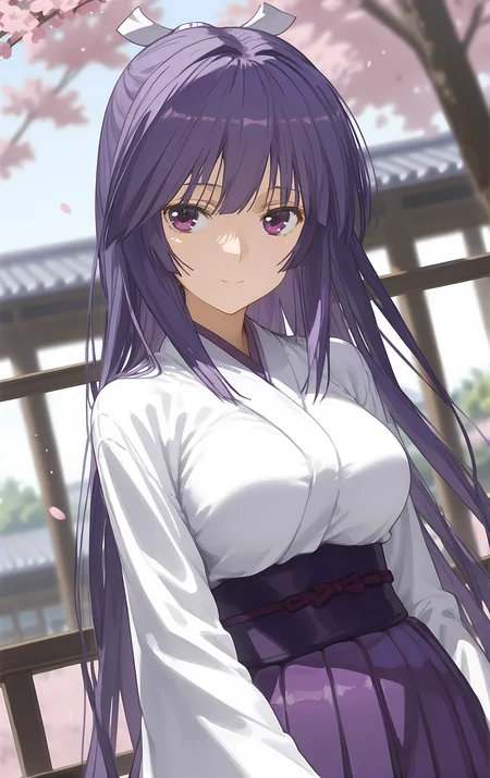 (score_9, score_8_up, score_7_up), looking at viewer, light smile, closed mouth, shiny skin, tight clothes,
ohwx, 1girl, solo, solo_focus, purple_eyes, long_hair, japanese_clothes, purple_hair, very_long_hair, breasts, ponytail, long_hair, breasts, large_breasts,
japanese_clothes, kimono, sash, kimono, skirt, hakama, hakama_skirt, purple_hakama, white_kimono,
blurry background, upper body, close-up, cowboy shot, dutch angle, against railing, hair tucking, looking at viewer, (cherry blossoms:1.1),
<lora:miya_asama_pony_ss-000002:1>
