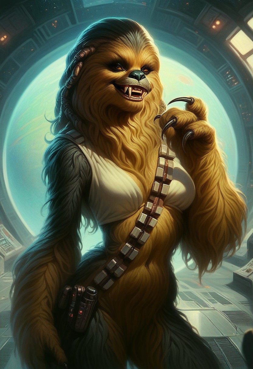 score_9_up, score_8_up, score_7_up, score_6_up, 1girl, solo, fem_w00kie, furry female, fur, fangs, claws, standing on an alien planet, smile, (realistic), (painted art)