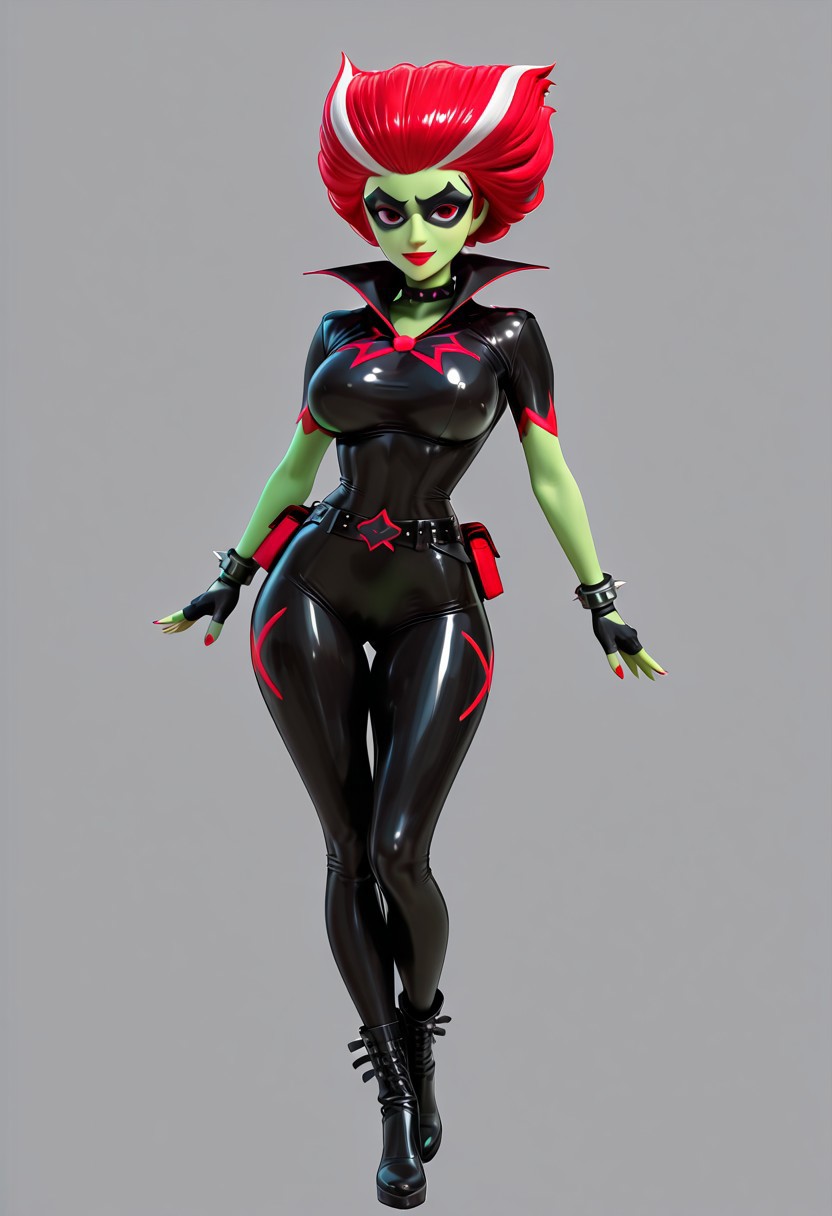 masterpiece, high quality, best quality, vivid colors, vibrant colors, BREAK, Befana , red eyes, green skin female, red hair,  red brushed back up hair with two stripes on each sides, red lipstick, black bodysuit, skin-tight, mask domino mask, black bow, red edges, short sleeves with jagged red edges stripes,  large jagged red-tipped collar, black fingerless gloves, spiked black cuffs, two thin black belts, black high-heeled boots, sexy, erotic, skin tight, slim waist, wide hips, large breasts, dynamic pose, BREAK, simple background