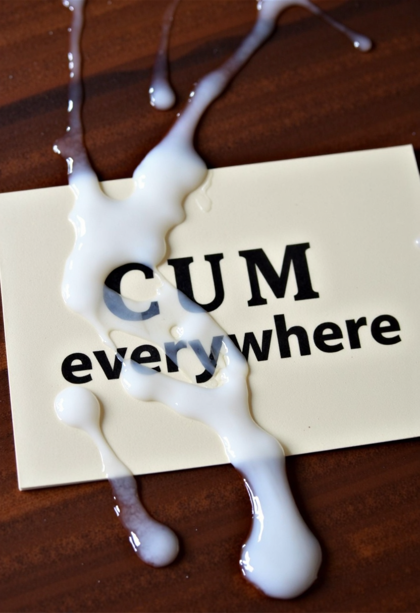 cumshot on a business card lying on a mahogany desk  that reads "CUM everywhere" in embossed black letters in Helvetica on a cream background. cum over the text multiple splashes of liquid white translucent semen and cum  the liquid cum is mostly translucent and a little white .  the white cum is shot all over with mutliple droplets