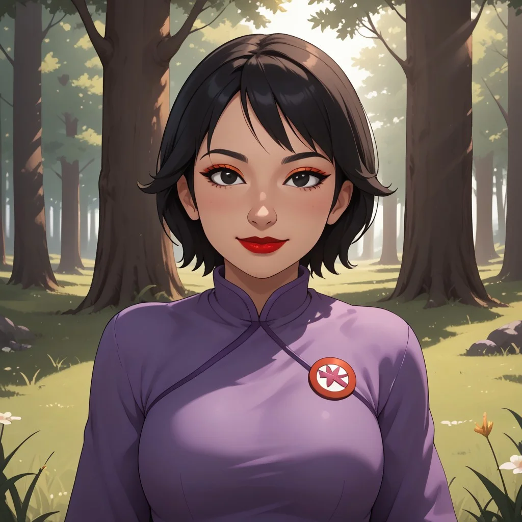 score_9, score_8, BREAK, solo, wii u, mii, wii sports club, female mii, 1girl, cute, black hair, black eyes, half-tree shaped nose, makeup, blush, orange eyeshadow, red lips, lipstick, purple clothing, black pants, shoes, Nintendo Mii, modern_mii, classic_mii, breasts, Xin_(\OC_Mii\), asian, asian female, chinese clothes, sexy pose, self portrait, smile, outdoors, sunlight, shadows, evening lighting, natural lighting, forest, trees, grass, orange sky, sunset