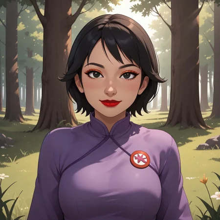 score_9, score_8, BREAK, solo, wii u, mii, wii sports club, female mii, 1girl, cute, black hair, black eyes, half-tree shaped nose, makeup, blush, orange eyeshadow, red lips, lipstick, purple clothing, black pants, shoes, Nintendo Mii, modern_mii, classic_mii, breasts, Xin_(\OC_Mii\), asian, asian female, chinese clothes, sexy pose, self portrait, smile, outdoors, sunlight, shadows, evening lighting, natural lighting, forest, trees, grass, orange sky, sunset
