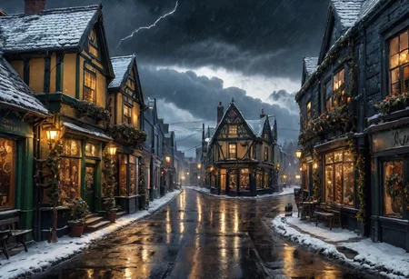 (((4k uhd))), (((hdr))), ultra detailed, real photographic  nikon z7, christmas Winter storm in a small irish  town, dark fantasy, masterpiece, highly detailed environment, (((highly detailed objects:1.4))), disco elysium OverallDetail