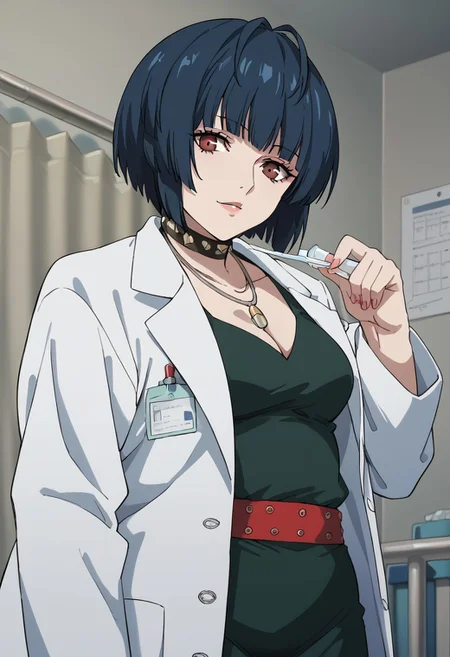 score_9, score_8_up, score_7_up, (source_anime), 1 girl, solo, cute face,
p5tae, tae takemi, short hair,
labcoat, necklace, choker, studded collar, short dress, dark green dress, cleavage, red belt,
cowboy shot,
infirmary, hospital room, looking at viewer,
masterpiece, best quality, ultra detailed, absurdres, very aesthetic
