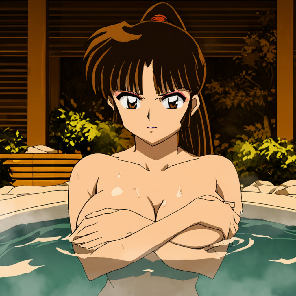 masterpiece, <lora:SangoA:1> 1girl, solo, long hair, ponytail, brown hair, brown eyes, bangs, makeup, room, big breasts, nude, covering breasts with arms, hot springs, laying in bath, steam, wet, angry, blushing, looking at viewer, 1990s (style), retro artstyle, anime coloring