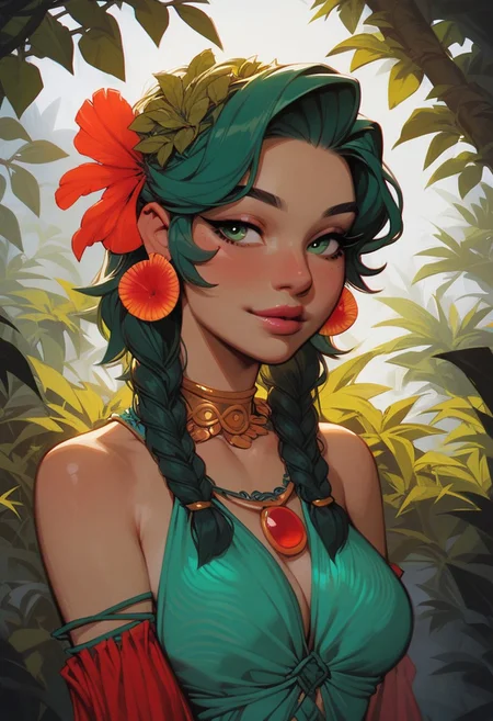 score_9, score_8_up, score_7_up, score_6_up, 
(1girl, solo, parrot flamenco dancer), green eyes, petite and curvy body type, medium breasts, emerald green feathers with vibrant blue tips, playful smile, medium hair, braided crown with short curls, lime green hair with turquoise highlights, tropical-inspired flamenco dress with feathered layers, beaded earrings, standing in a lush jungle clearing, beams of sunlight filtering through leaves, holding a fan of feathers, glowing butterflies fluttering around, faint chirping of birds, vines trailing behind.