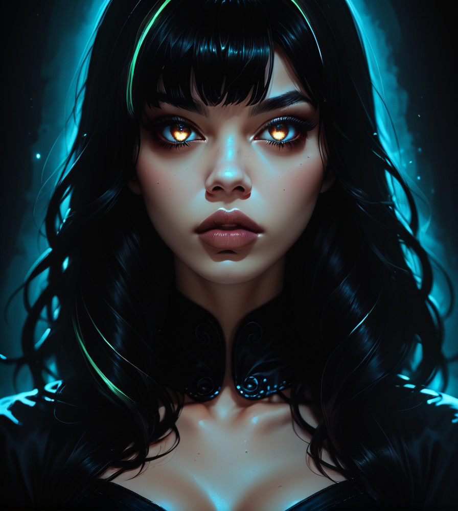 masterpiece,high resolution,8k,score_9.score_8_up,score_7_up,source_anime,
,,1girl, ,black clothes,,upper body,colored hair,lips,nose,dark eyes
 <lora:glowPony-9:0.6>,gl0w,glow