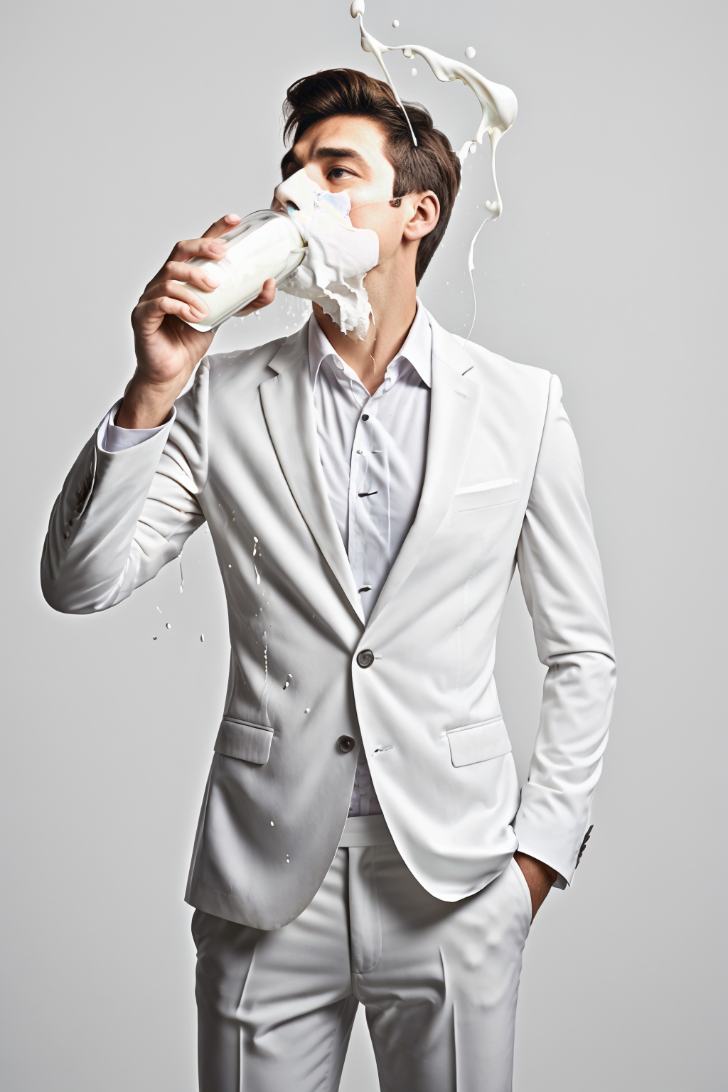 man drinking a glass of milk, business suit, milk covered, spash
 <lora:CoveredWithStuff:1>