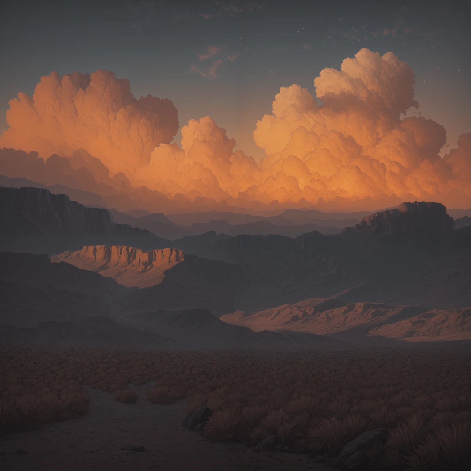 A dramatic Western showdown at sunset under a towering sky filled with fiery orange cumulus clouds, inspired by Mark Maggiori. A rugged cowboy with a wide-brimmed hat, weathered face, and a revolver aimed forward stands in the foreground, mouth open in a war cry. The deep navy and amber sky behind him glows with intense light, casting warm highlights and long shadows across the desert grass. Monumental red rock formations rise in the midground, while distant mountain silhouettes line the horizon. Painterly texture, cinematic intensity, golden hour, vivid Western drama
IllusP0s