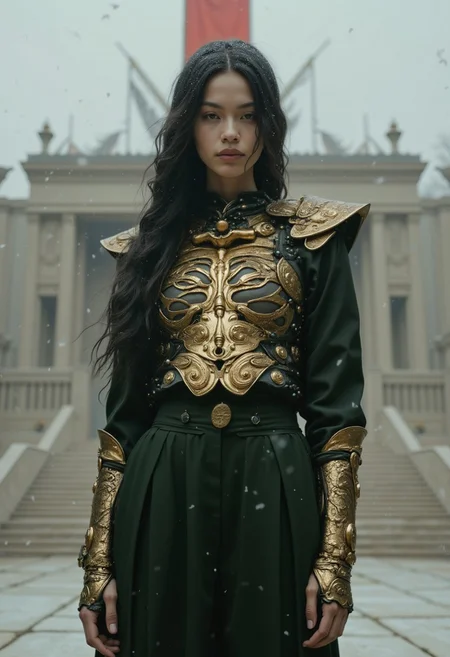 Stunning beautiful, masterpiece, best quality, extremely detailed photo, super realistic photo, dramatic photo, spiritual, magical mysterious atmosphere, professional photo, luxury photo for vanity fair magazine, beautiful young woman with dark long hair braided, woman standing straight with her hands folded behind her back, front view,  woman is wearing a dark green fitted shirt and dark green high waisted classic pants, on her torso is wearing golden armor in the form of skeletal bones chest, armor is a cross between a bulletproof vest and a hussar jacket, armor looks like the costume of the group My Chemical Romance in the video the Black Parade, military style, a woman is standing in the middle of a huge empty square, around an empty concrete city, it's snowing, snow and white ash are falling from the sky, a gray day, the sky with heavy clouds, in the background there is an empty concrete city with a large concrete stage in the middle of the square, large concrete steps, monumental atmosphere, post-apocalyptic vibe, a huge red flag is hung on the stage, masterpiece, detailed, best quality, highly detailed portrait, high quality, 34K uhd, masterpiece, high detail, 8k