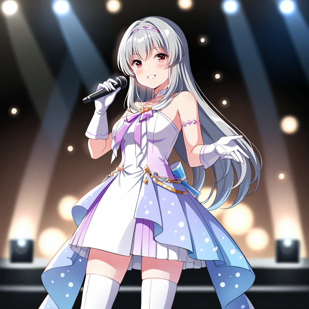 [high quality, best quality], [cinematic],1girl,solo,tendorui,TRui idolcostume,ooking at viewer,high heel boots,white gloves,on stage ,depth of field, bokeh, bloom, hdr, singing,smile, blush,cinematic_angle<lora:TRUI2:0.7>