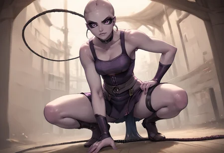 SFW, rating_all, score_10, score_8_up, score_7_up, beautiful, realistic, detailed, perfect, quality, vector, dynamic, dynamic pose, flat colors, masterpiece, ((Kaminoan)), female,  1.8 meters tall, ((gray skin, bald, black sclera, colored sclera, (purple iris))), stern look, looking at viewer, tough, short skirt, whip, whipping, crouching, glowing whip