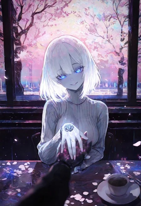 masterpiece, best quality, good quality, very awa, newest, highres, absurdres, 1girl, solo,
Cherry blossom,
limited palette, sketch, glowing, psychedelic,
BREAK
ambient occlusion, raytracing, soft lighting, blum effect, masterpiece, absolutely eye-catching, particles, glow, shining, intricate cinematic background, (beautiful face), looking seductive, coy. dynamic action image,
BREAK
masterpiece,amazing quality,best quality,ultra-detailed,8K,illustration,CG, ultra-detailed-eyes, detailed background,cute girl, eyelashes, erotic, petals falling,
Cherry blossom, blurry foreground, branch
BREAK
(sexy, slutty, hot, aroused)
Automaton, colored skin, robot girl, robot joints, white hair, blue eyes, short hair, metal_skin, barcode,
BREAK
pov across table, turtleneck sweater, cafe, coffee, cake, indoors, wedding ring, head tilt, pov hands, holding hand, nails, blurry foreground, happy smile,