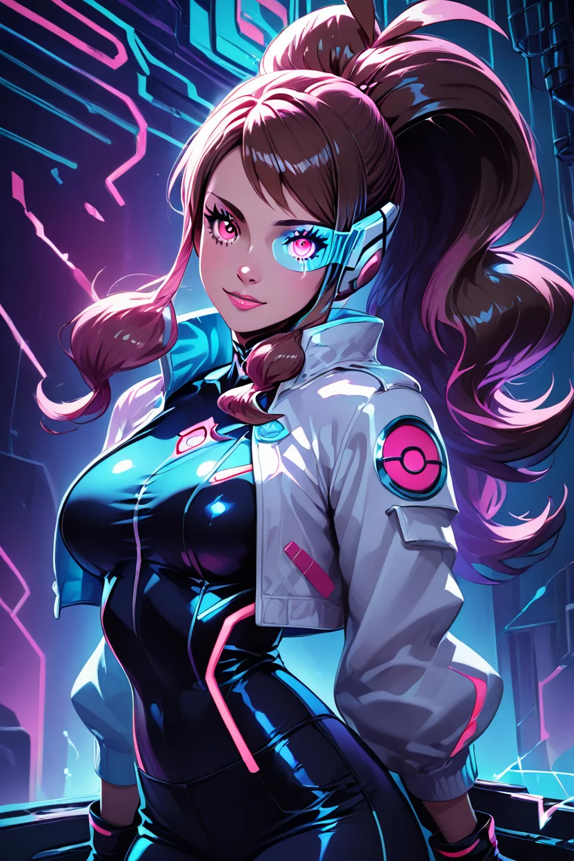 score_9, score_8_up, score_8, medium breasts, (curvy), cute, eyelashes, ,,, , zzHildaLuxCitron, pink eyes, brown hair, high ponytail, long hair, multicolored hair, pink hair, ponytail, sidelocks, white jacket, long sleeves, shiny, pants, black gloves, cyberpunk, scouter, <lora:HildaLuxVoltPDXL:1>, , BREAK, (ultra realistic,32k, masterpiece:1.2),(high detailed skin:1.1),( high quality:1.1), head tilt, lips, closed mouth, shiny clothes, (upper body), looking at viewer, bokeh, luminescent background, ,,, embedding:zPDXL, Expressiveh, ,,, <lora:RlAnmPDXL:1.0>,