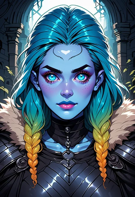 commix style, score_9, score_8_up, score_7_up, 1woman, mature, (blue skin:1.3), detailed blue eyes, large round eyes, bright eyes, (long dark blue hair:1.4), fiery hair, gradient_hair to light neon blue, (very long hair), blue lipstick, huge breasts, armored mage robes, ivory breastplate studded with rubies, intricate design, choker, fur cape, exploring dwarven ruins,