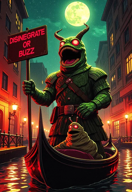 <lora:Mars Attacks_v1-000009:1> masterpiece, photorealistic highly detailed 8k Worm's Eye View from Ground Level, msttck, green skin, red eyes, Gondola Rides through Narrow Canals. He holds a sign that says: "DISINEGRATE or BUZZ". The galactic night sky intensifies the dark mood of the evil invasion. The moon shines crimson light onto him creating an eerie scene. (epic dark fantasy style). ((BUZZ GENERATOR)), ((BUZZ SIGN)), ray gun lazor buzz
ne0nfant4sy